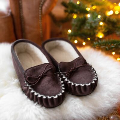 Luxury Sheepskin Moccasin Slippers -Navy