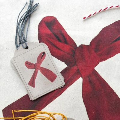 Set di 5 etichette regalo di Natale con fiocco di nastro rosso