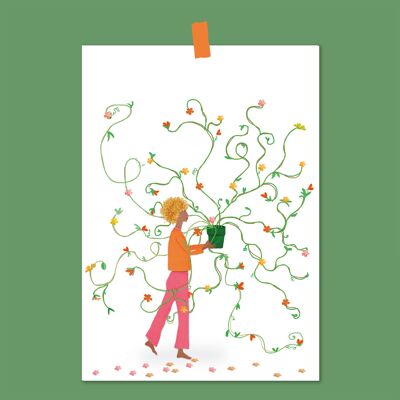 Kleines Poster 'Mädchen mit Blumenranken' -  DIN A5, 15 x 21 cm