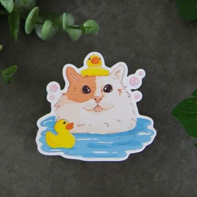 Cat with rubber duckie matt vinyl sticker