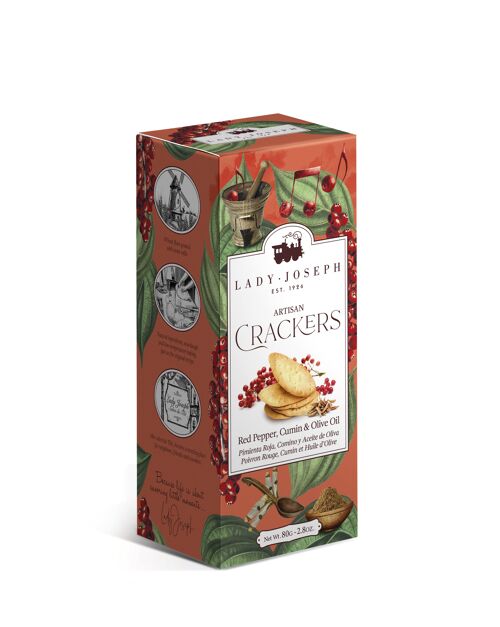 Crackers veganas y artesanas de pimienta roja, comino y aceite extra virgen de oliva