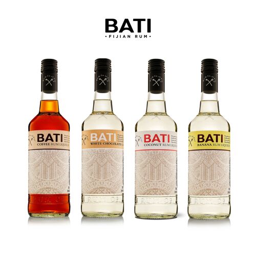 BATI Fiji Rumliköre Set 25%, 4 Sorten à 3 Flaschen (Banane, Kaffee, Kokos & Weisse Schokolade)