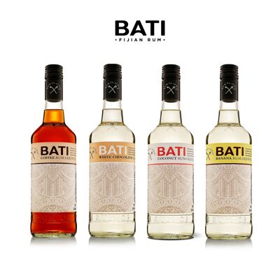 Set di liquori al rum BATI Fiji 25%, 4 varietà da 3 bottiglie ciascuna (banana, caffè, cocco e cioccolato bianco)