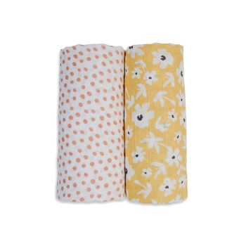 Lot de 2 langes Lulujo 100x100 - Fleurs & pois jaunes 1