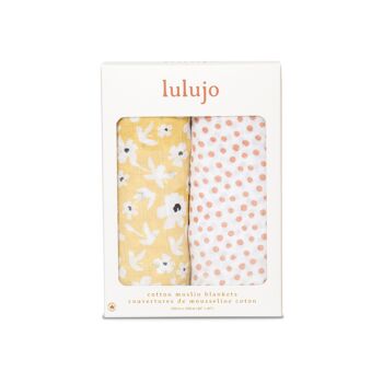 Lot de 2 langes Lulujo 100x100 - Fleurs & pois jaunes 4