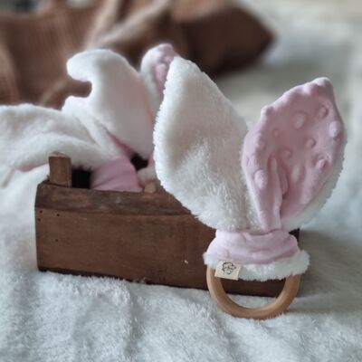 Wooden teething ring with rabbit ears | White, Pink