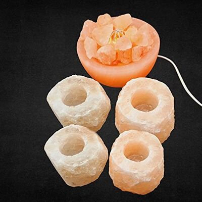 Himalayan Salt Fire Bowl Chunks Lamp With 4x Tea Light Holders