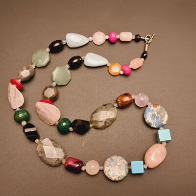 Gemstone Necklace - 29in Bohemian style handmade tumblestone necklace, long necklace