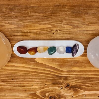 Selenite Charging plate with chakra stones - Plate with 7 Stones