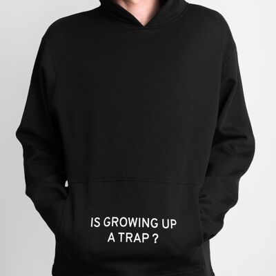 Sudadera con capucha 'Easy' para hombre en negro '¿Crecer es una trampa?'