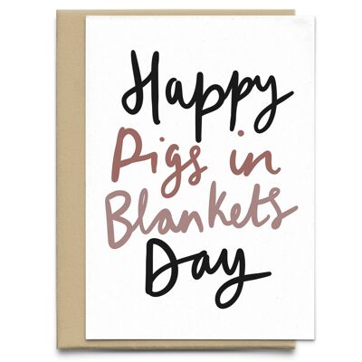 Carte de jour de cochons heureux dans des couvertures