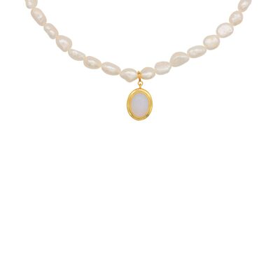 Collier en or 18 carats avec pierre de lune et perles