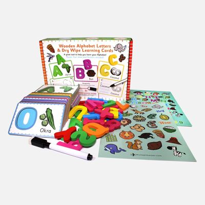 Wooden Alphabet Letters, Dry Wipe Learning Cards, Stickers, Poster, and Interesting Facts