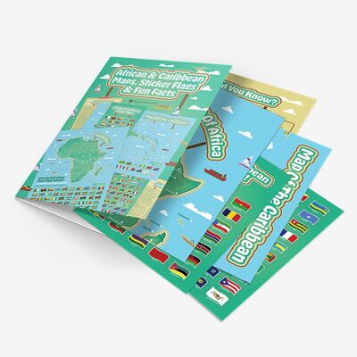 Komplettpaket mit afrikanischen und karibischen Karten, Aufkleberflaggen und lustigen Fakten