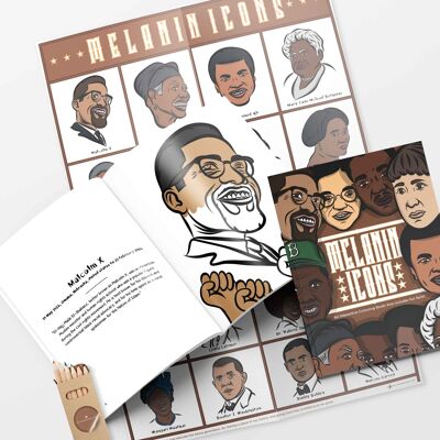 Icone di melanina libro da colorare, poster e matite