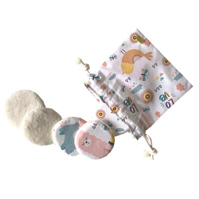 Set of 7 washable cotton pads with printed pouch for children LAMAS