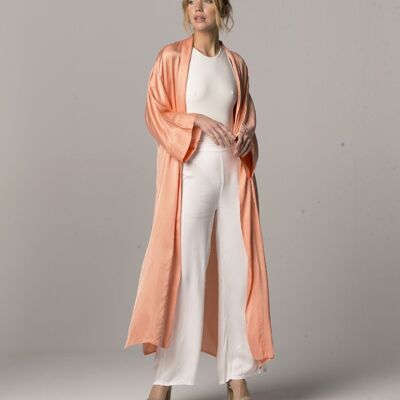 FILIPA Knee-length Satin Kimono With Wide Sleeves in Coral