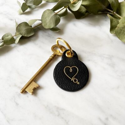 Heart key ring with black pearl - Leather