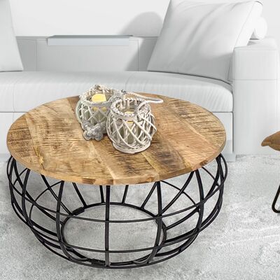 Table basse durable ronde ø 75 cm table de salon bois massif London grille métallique cadre métallique