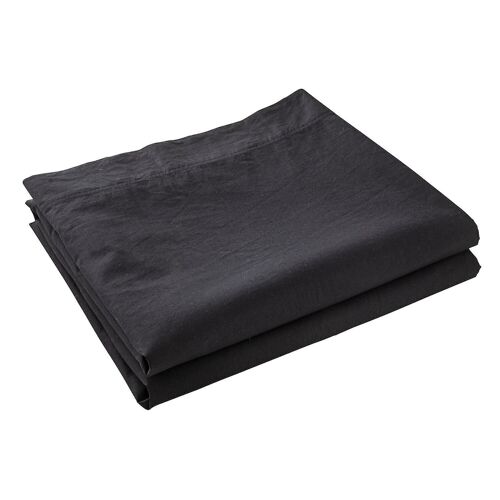 Drap plat 100% Percale de Coton Lavé 80 fils Taille 240 x 300 cm Couleur Noir