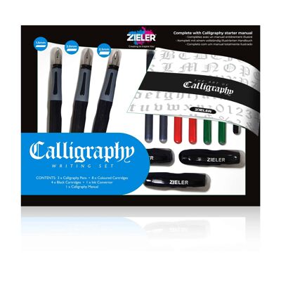 Complete Calligraphy Pen Set - 3 Pens with Nib Sections & Lids | Includes Cartridges & Step by Step Guide (17-Piece Set) - by Zieler | 07290013