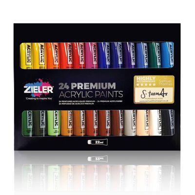 Premium Acrylic Paints Set - 24 High Pigment & Vibrant Colours (22ml tubes) - by Zieler | 07290014