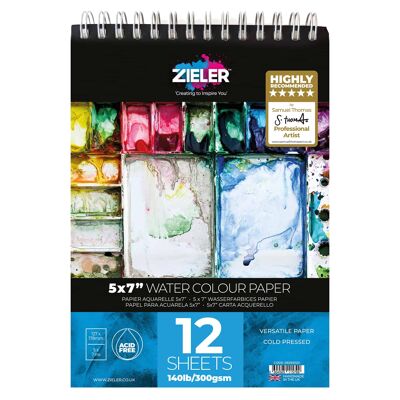 5"x7" Travel Watercolour Paper Spiral Pad - 300gsm, 12 sheets - by Zieler | 09290020