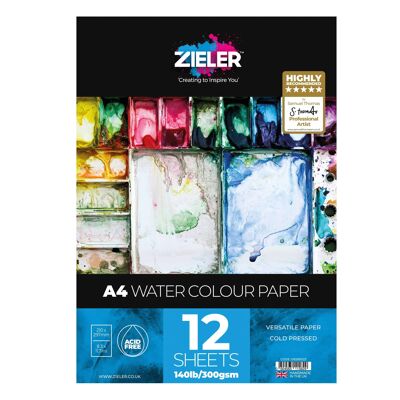 A4 Watercolour Paper Gummed Pad - 300gsm, 12 sheets - by Zieler | 09290023