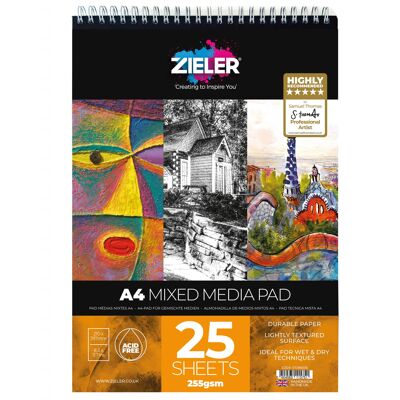 A4 Spiral Bound Mixed Media Paper Pad - 255gsm, 25 sheets - by Zieler | 07290035