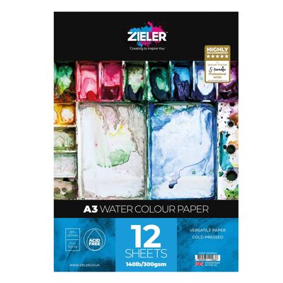 A3 Watercolour Paper Gummed Pad - 300gsm, 12 sheets - by Zieler | 09290024