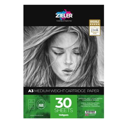 A3 Medium Weight Cartridge Paper Pad - 140gsm, 30 sheets - by Zieler | 09290030