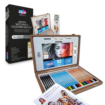Artist Sketching and Colouring Pencils | 36 Piece Wooden Box Set - by Zieler | 09299283