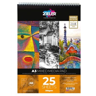 A3 Spiral Bound Mixed Media Paper Pad - 255gsm, 25 sheets - by Zieler | 09292257