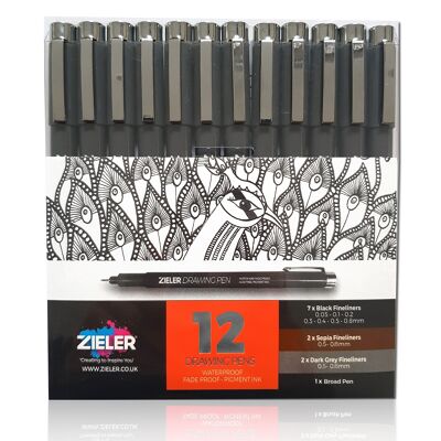 12 Fineliner Drawing Pens | Black, Sepia & Grey - by Zieler | 09299288
