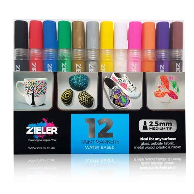 Acrylic Paint Marker Pens | Medium tip (2.5mm) | Set of 12 Assorted Colours - by Zieler | 09299290