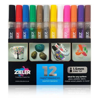 Acrylic Paint Marker Pens | Fine tip (1.5mm) | Set of 12 Assorted Colours - by Zieler | 09299289