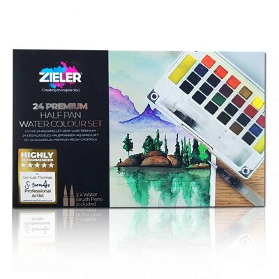 Premium 24 Half Pan Watercolour set with Detachable Pallet and 2 x Watercolour Brushes - by Zieler | 09292261
