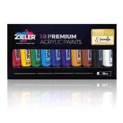 10 Premium Acrylic Paint Set - High Pigment & Vibrant Colours (38ml Tubes) - by Zieler | 09299265