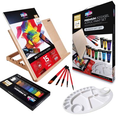 A3 Easel & Acrylic Paint Art Gift Set - by Zieler | Contains: A3 Adjustable Wooden Table Top Easel, 10 Acrylic Paint Colours (38ml tubes), 5 Premium Acrylic Paint Brushes, 17-Well Paint Palette & A3 Acrylic Pad | 07292259