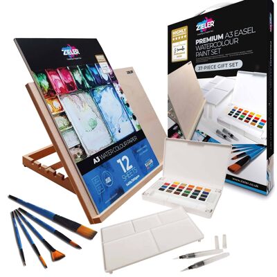 A3 Easel & Watercolour Art Gift Set - By Zieler | Contains A3 Adjustable Wooden Table Top Easel, 24 Half-Pan Watercolour Set with Accessories, 5 Premium Watercolour Paint Brushes & A3 Watercolour Pad | 07292260