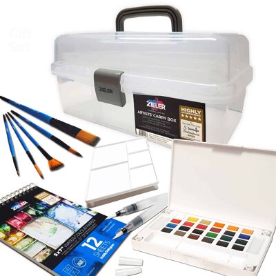 40-Piece Watercolour Art Gift Set - by Zieler | Contains: Art Caddy Storage Box, 24 Half-Pan Watercolour Set with Accessories, 5 Premium Watercolour Brushes & Watercolour Spiral-Bound Travel Pad 5"x7" | 09299293