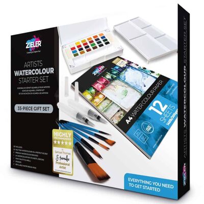 Watercolour Starter Art Gift Set - by Zieler | Contains: 24 Watercolour Half Pan Set, A4 Watercolour Pad & 5 Premium Watercolour Brushes | 09299297