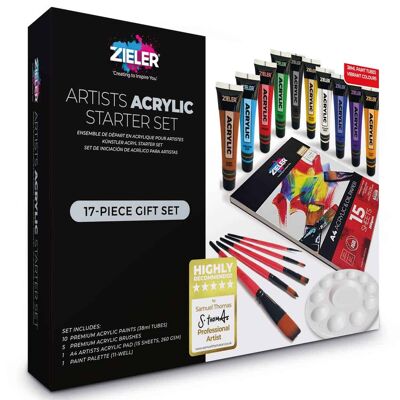 Acrylic Starter Gift Set - by Zieler | Contains: 10 Acrylic Paint Colours (38ml tubes), A4 Acrylic Painting Pad, 5 Premium Acrylic Painting Brushes & 11-Well Paint Palette | 09299307