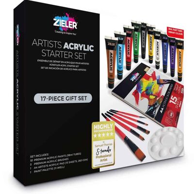 Acrylic Starter Gift Set - by Zieler | Contains: 10 Acrylic Paint Colours (38ml tubes), A4 Acrylic Painting Pad, 5 Premium Acrylic Painting Brushes & 11-Well Paint Palette | 09299307