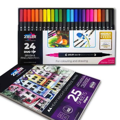 Zieler 24 Duo Tip Colour Pens Fineliner and Brush Pen | A4 Zieler Heavy Weight Cartridge Pad | Bundle Set | 09299356