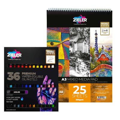 Oil Pastels Starter Set - by Zieler | 36 Water-Soluble Oil Pastels & A3 Spiral Mixed Media Pad | 09299357