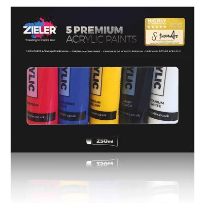 Premium Acrylic Paints Set – 5 High Pigment & Vibrant Colours (250ml tubes) – by Zieler | 09299303