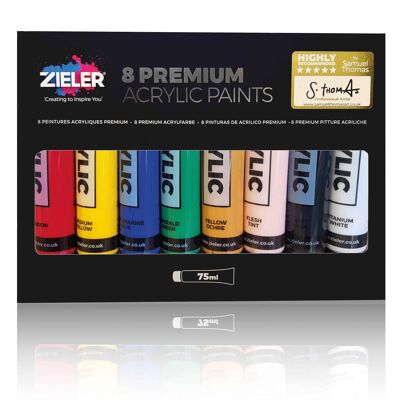 Premium Acrylic Paints Set – 8 High Pigment & Vibrant Colours (75ml tubes) – by Zieler | 09299302