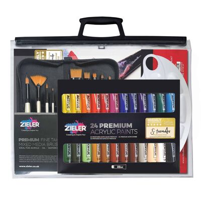 37-Piece Acrylic Paint Set Bundle with Clear A3 Art Bag - by Zieler | 24 Acrylic Colour Set (22ml tubes), A3 Acrylic Pad, 10 Assorted Brushes in Zip Case, 17-Well Palette & A3 Art Carry Bag | 09299370