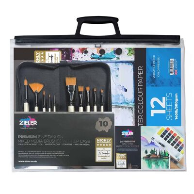 Complete Watercolour Painting Set - by Zieler | 24 Half Pan Watercolours with Sponges & Palette | 10 Premium Brushes | A3 Watercolour Pad | A3 Art Carry Bag | 09299372